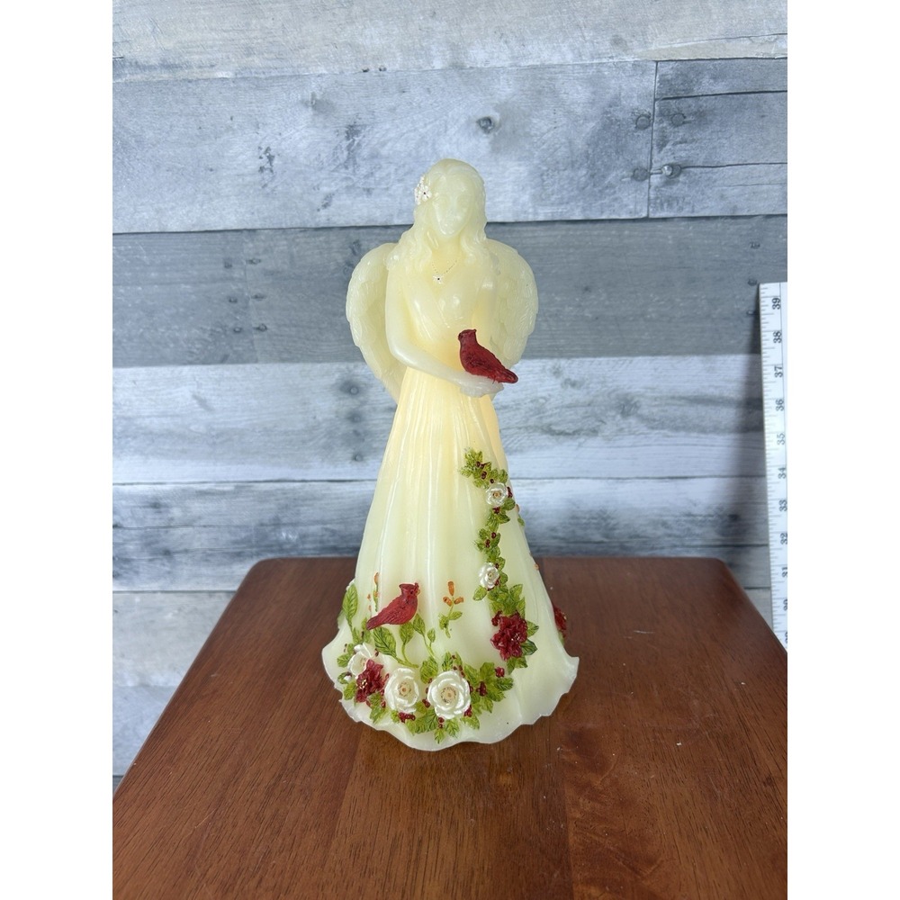 Wax Lighted Angel With Cardinals And Flowers 11" Figurine Collectible